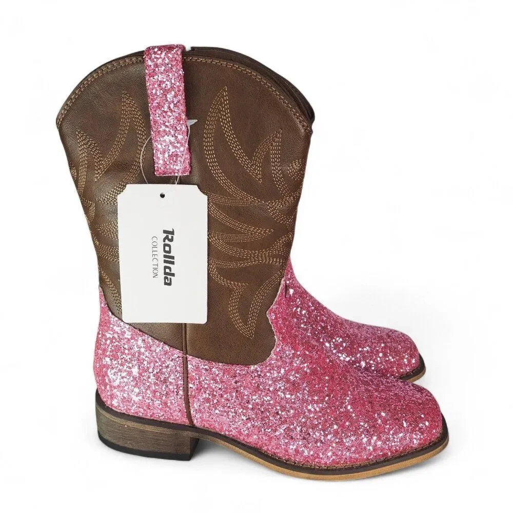 Rollda Sparkle Pink Glitter Faux Leather Western Cowboy Boots NZX38 Youth‎ 5